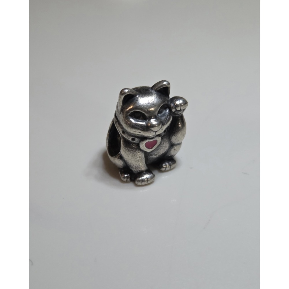 Genuine Pandora Sterling Silver Lucky Waving Cat Heart Charm 925 ALE